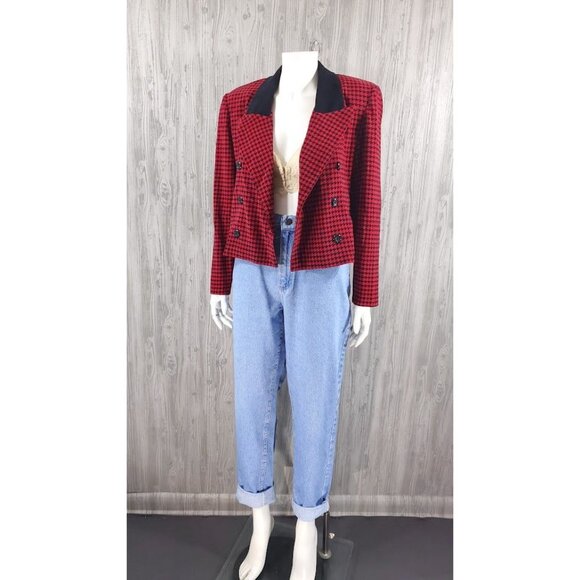 80's 90s Vintage Red & Black Houndstooth Blazer Crop Velvet Collar Clueless - Picture 4 of 6